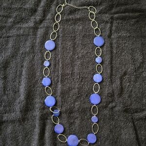 Long Blue Disc Beaded Necklace - Silver Tone Chain